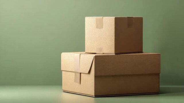 Stacked Brown Cardboard Boxes with Sealing Tape on Green Surface and Backdrop Logistics Packaging Still Life