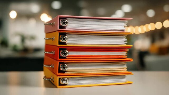Stack of Colorful Ring Binders with Documents on Table in Blurred Background of Office Bright Overhead Lighting Pink Yellow Orange Paperwork Reports and Files