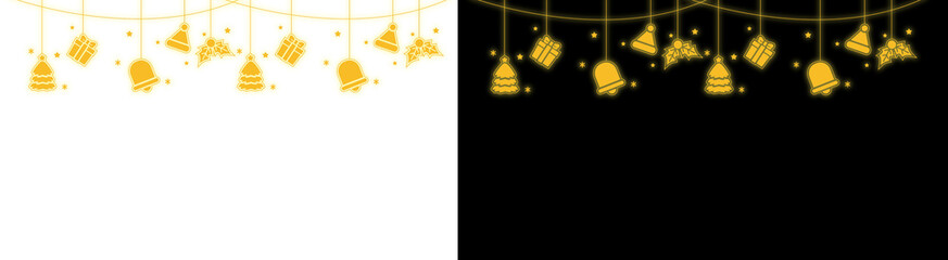 PNG image of Festive christmas decorations with golden bells gifts santa hats and holly leaves hanging against a purple and for holiday celebrations on transparent background