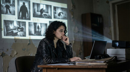 Investigator analyzing surveillance photos projected onto peeling wall with laptop
