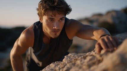 A determined athlete attempting a steep hill sprint challenge at sunrise, sweat catching golden light as each step symbolizes grit, self-discipline, and pushing physical limits. cinematic color