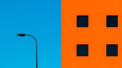 Minimalist contrast of orange building and blue sky with streetlight