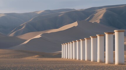 Ancient ruin columns half-buried in desert sand, shadows stretching long as the wind reshapes dunes around them — archaeological mystery, timeless desert landscapes, and dramatic minimalism.