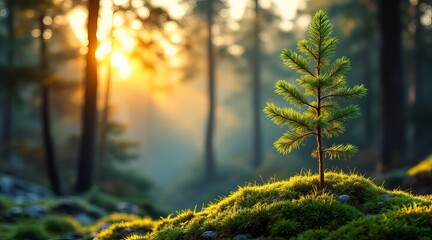 A small, vibrant green seedling tree grows on a mossy hill in a sunlit forest at sunrise or sunset