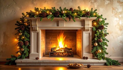 Cozy Christmas fireplace radiating warmth and cheer with festive garland, twinkling lights, and crackling fire, evoking holiday spirit and inviting relaxation for seasonal promotions