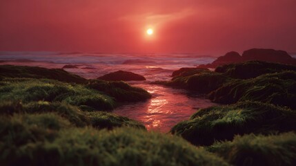 Dramatic crimson sunset over a lush algae covered rocky coastline with ocean waves