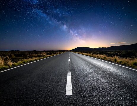 Asphalt road stretching toward mountains under a starry night sky with the Milky Way above