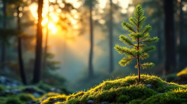 A small, vibrant green seedling tree grows on a mossy hill in a sunlit forest at sunrise or sunset