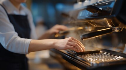 A barista polishing a stainless steel espresso machine with steam rising in soft plumes, showing craftsmanship and premium caf&eacute; equipment &mdash; artisan coffee culture, professional appliances, and