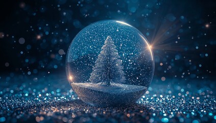 Magical snow globe with sparkling christmas tree and falling snow
