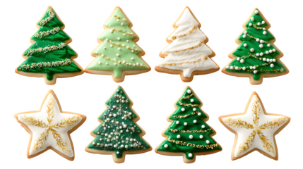 Set of decorated sugar cookies shaped like Christmas trees and stars isolated on white background