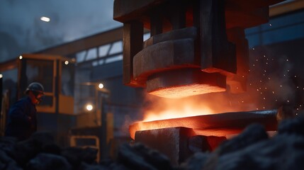 A metalworker operating a massive hydraulic press, glowing red metal compressed with thunderous force inside a safety enclosure &mdash; industrial forging power, precision metal shaping, and heavy