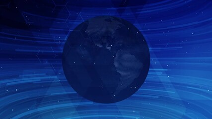 Rotating abstract digital earth globe on blue background with geometric patterns and hexagonal grid, virtual planet, global connectivity, technological advancement, international networks - Powered by Adobe