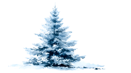 Snowy watercolor Christmas tree illustration with soft blue tones isolated on white background