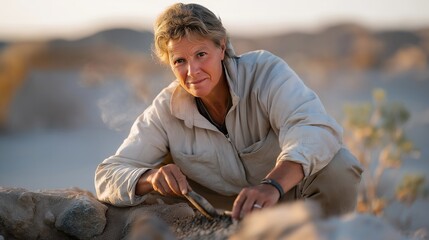An archaeologist kneeling in the desert sun carefully beginning to dig around a newly exposed artifact, dust rising in warm light as history emerges from the sand &mdash; archaeological discovery,