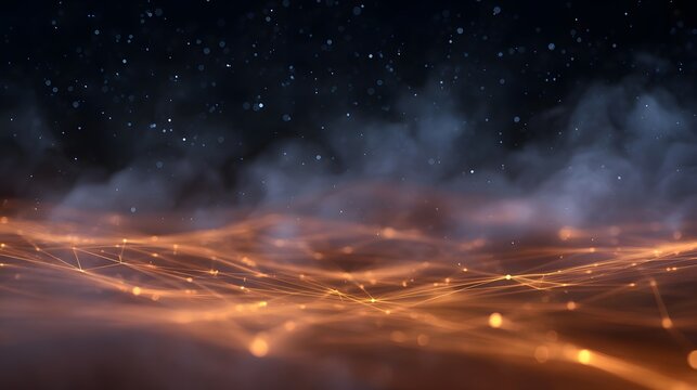 Abstract glowing digital network structure illuminated with orange and yellow lights against a dark misty background - Powered by Adobe