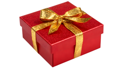 Red square gift box with shiny wrapping and bow isolated on white background