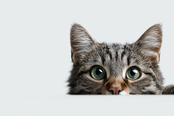 Neugierige Katze blickt &uuml;ber den Bildrand &ndash; Haustierportrait auf Wei&szlig;