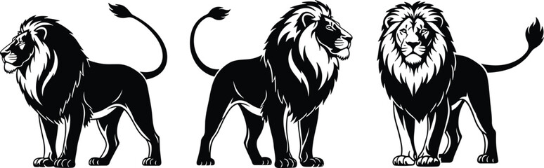 Majestic Black Lion Silhouette Vector Set, Royal King of the Jungle Logo or Mascot Design, Roaring Strength, Power and Authority Symbol