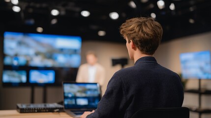 A content creator hosting a digital press event from a studio, LED screens displaying product visuals while journalists tune in via live stream — virtual press launch, interactive media