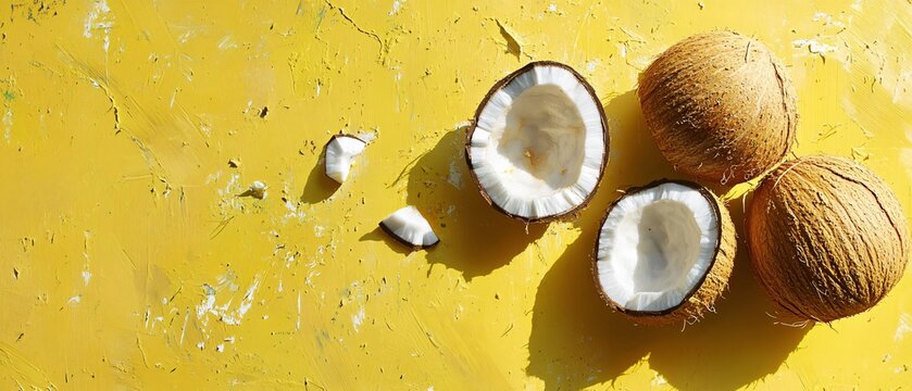 Large coconuts whole and halved from above