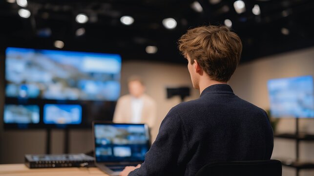 A content creator hosting a digital press event from a studio, LED screens displaying product visuals while journalists tune in via live stream — virtual press launch, interactive media