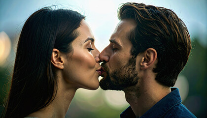 A warm, romantic World Kissing Day scene. Couple kiss in soft natural light. Subtle bokeh background, warm tones, and a dreamy atmosphere. Closeup.