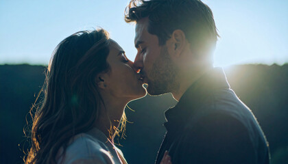 A warm, romantic World Kissing Day scene. Couple kiss in soft natural light. Subtle bokeh background, warm tones, and a dreamy atmosphere.