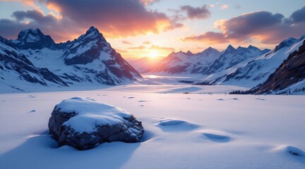 Stunning winter mountain range landscape at sunset with snowcovered peaks and a foreground rock dusted with snow