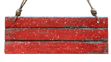 Rustic red wooden Christmas signboard with snow dusting isolated on white background