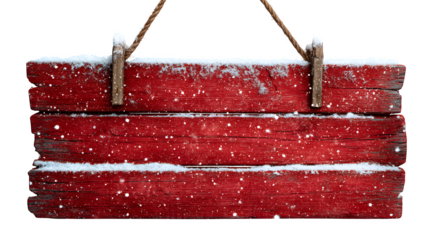 Rustic red wooden Christmas signboard with snow dusting isolated on white background