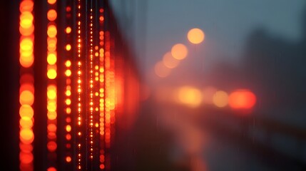 Abstract digital display of red lights with rain streaks at dusk