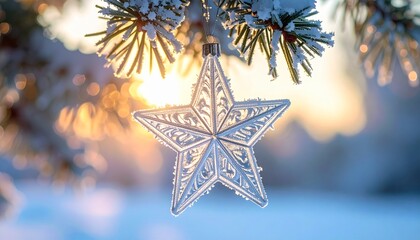Sparkling star ornament hanging on snow-kissed evergreen bough with sunlit bokeh, perfect for Christmas cards, winter greetings, and holiday promotions, capturing the magic of the season