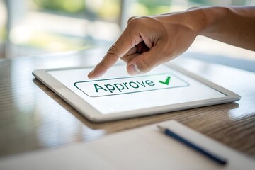 hand press approve button on tablet. Greenlit business decision