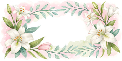 Obraz premium Watercolor floral frame with delicate white lilies and green leaves