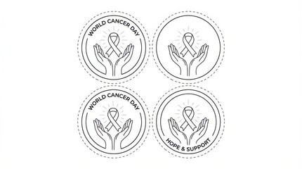 Obraz premium line art round sticker sheet template for world cancer day illustration template featuring hands holding a ribbon symbol with gentle glow on pure white background isolated for easy use