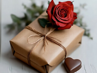 Gift box with red rose and heart-shaped chocolate, romantic holiday present, Valentine&rsquo;s Day creative packaging, wedding keepsake