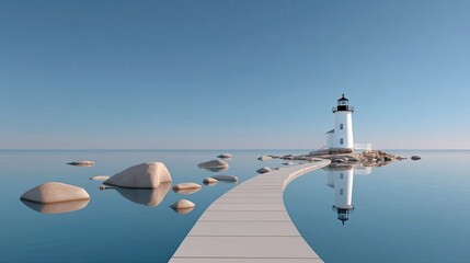 Lighthouse on Island with Pathway Reflected in Water
