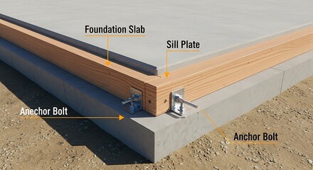 Foundation Slab and Sill Plate Construction with Anchor Bolts.
