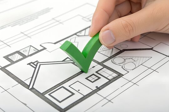 hand put green tick mark on blueprint. Approve building plan