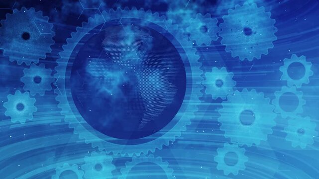 Rotating earth globe surrounded by interconnected cogs and gears, global collaboration, technological progress, mechanics that drive the modern world, innovation, connectivity, and teamwork