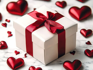 Gift box with red ribbon and heart decorations, romantic Valentine&rsquo;s Day present, festive celebration packaging, wedding keepsake, creative card design