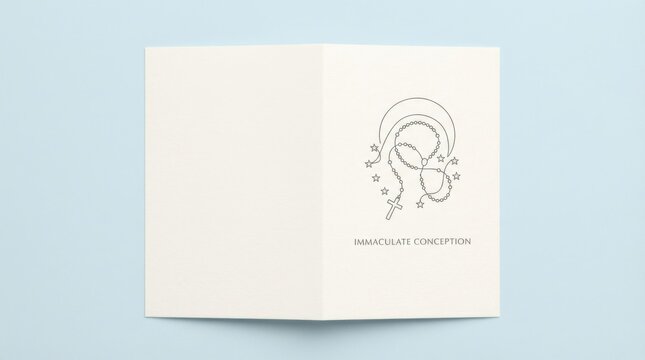line art greeting card cover template for immaculate conception illustration template featuring simple rosary outline with small stars on simple pastel background with plenty of empty space