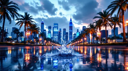 Vibrant blue cityscape reflection at night with water splash in foreground and palm tree silhouette