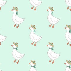 Seamless pattern with cartoon duck. Colorful illustration flat style. hand drawing. design for print, wrapper, fabric