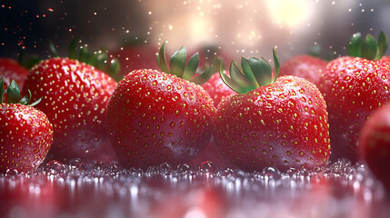 Fresh strawberries close-up with water droplets, organic fruit, healthy snack, summer dessert ingredient, natural vitamin C, food concept