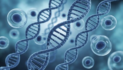 Blue D N A double helix strands and cellular structures in medical illustration genetic code