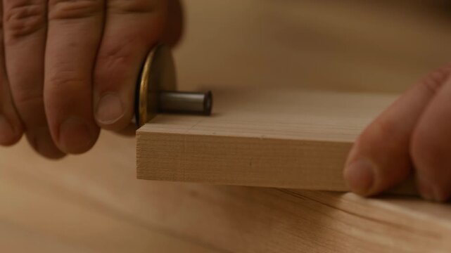 A skilled craftsman carefully aligns a metal dowel with a piece of wood while working in a well-lit workshop. The focus is on precision and craftsmanship in woodworking.