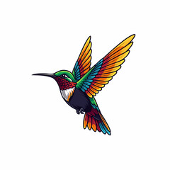 Colorful Hummingbird Illustration in Flight with Vibrant Wings on White Background