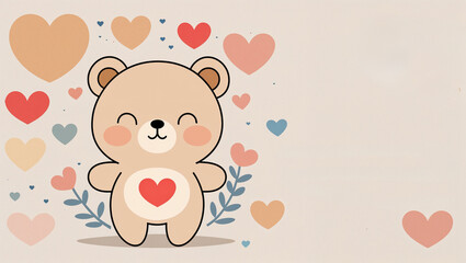 cute valentine&rsquo;s day postcard illustration featuring teddy bears surrounded by hearts in a soft pastel romantic style